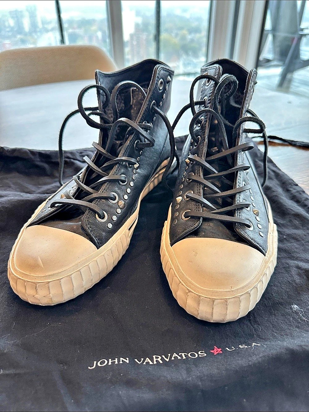 John Varvatos 315 Vulc Studded Mid Top Sneakers Black & Red
